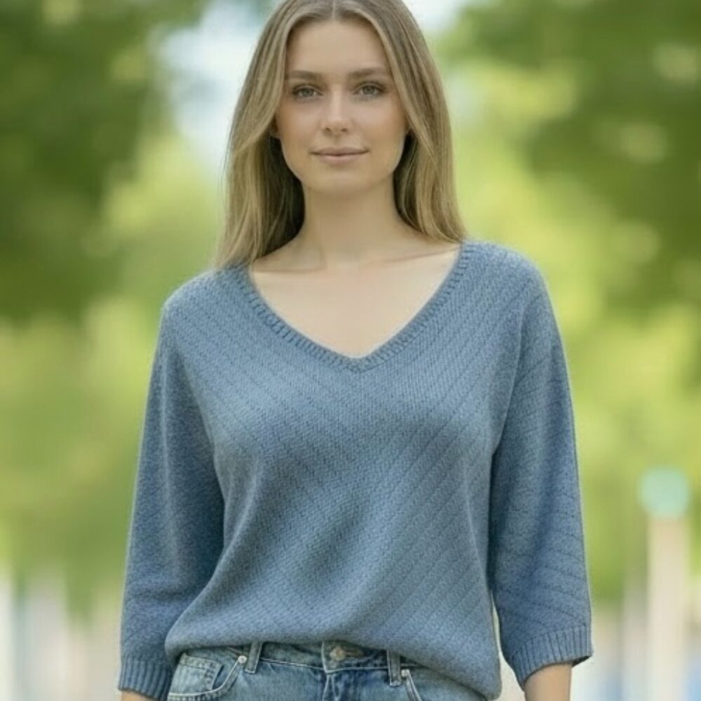 Dokotoo 3/4 Sleeve V Neck Loose Pullover Knit Sweater